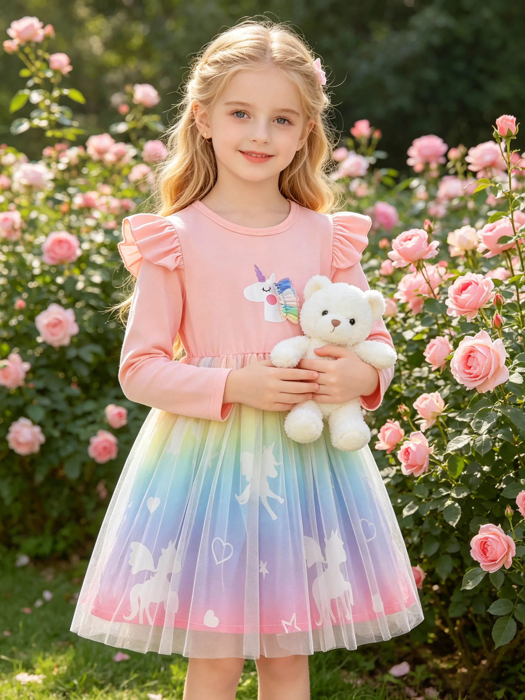 Mädchenkleid in Rosa mit Rüschen und Langen Ärmeln, Einhorn-Design, Makronen-Farbverlauf Regenbogen-Tüll Herz Pegasus Prinzessinnenkleid – Detail 2