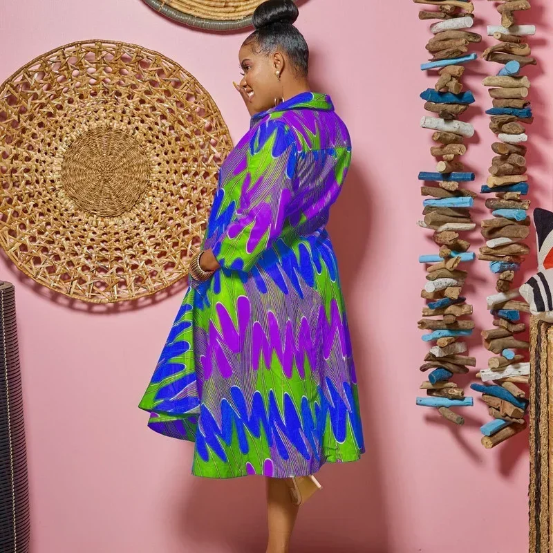 GUWU فستان قميص بأكمام طويلة مطبوع على شكل حرف a فضفاض غير رسمي بحاشية كبيرة أنيق بطول الركبة فستان نسائي ميدي ملابس الخريف