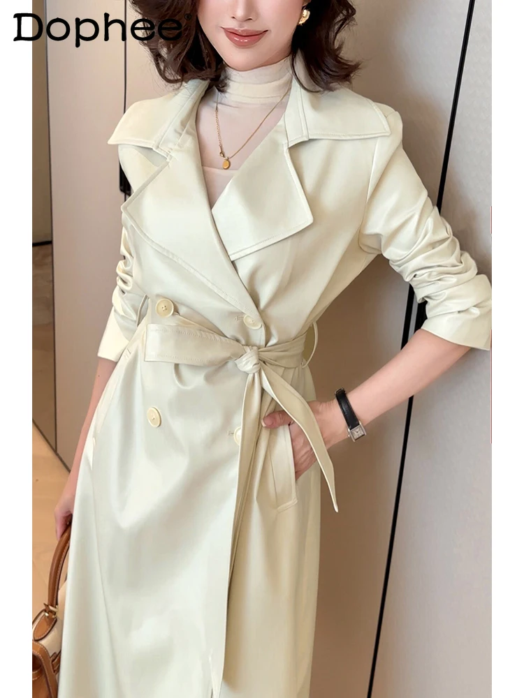 

British Style Double-breasted Lace-up Leather Trench Coat for Women Autumn Winter Senior Sense Solid Color High Waist Long Coat