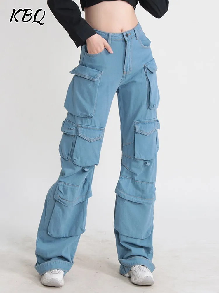 

KBQ Casual Straight Denim Cargo Trousers For Women High Waist Patchwork Pockets Loose Solid Floor Length Jeans Female Fashion