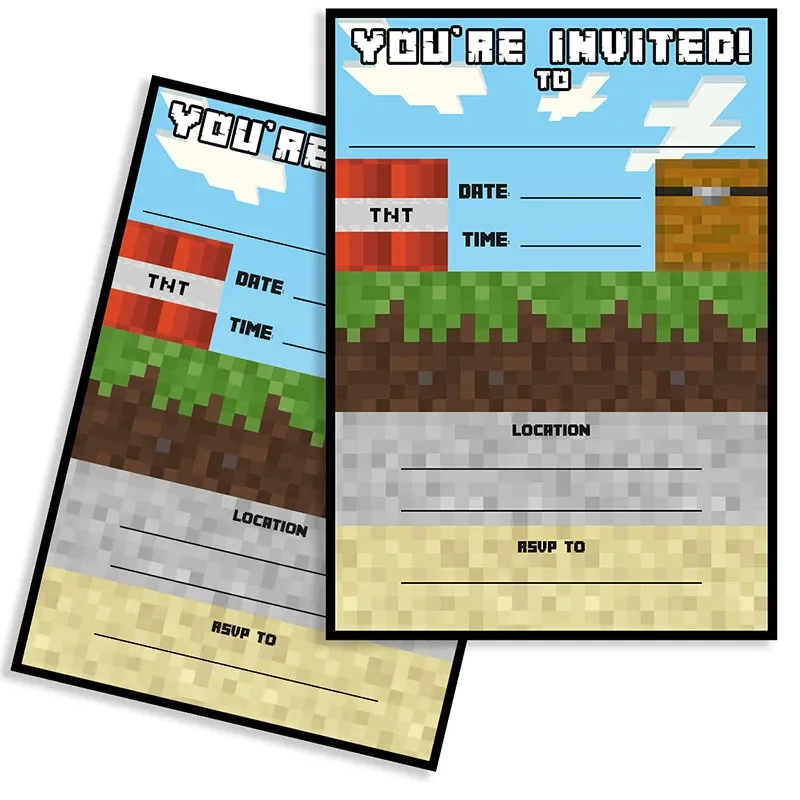 Pixel Theme Cartoon Birthday Mine Crafter Greeting Card Single-Page Invitation Card for Kid Game Supply 8pcs Party Supplies