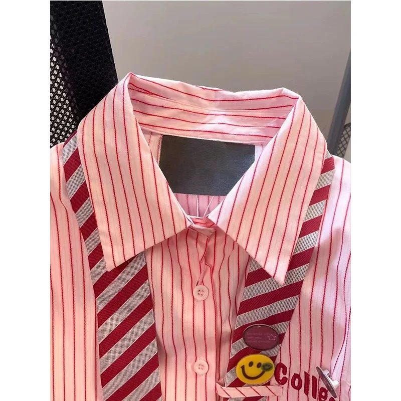 Korean Sweet Embroidered Turn-down Collar Long Sleeve Blouse Autumn Women Clothes All-match Striped Buttons Cardigan Shirts