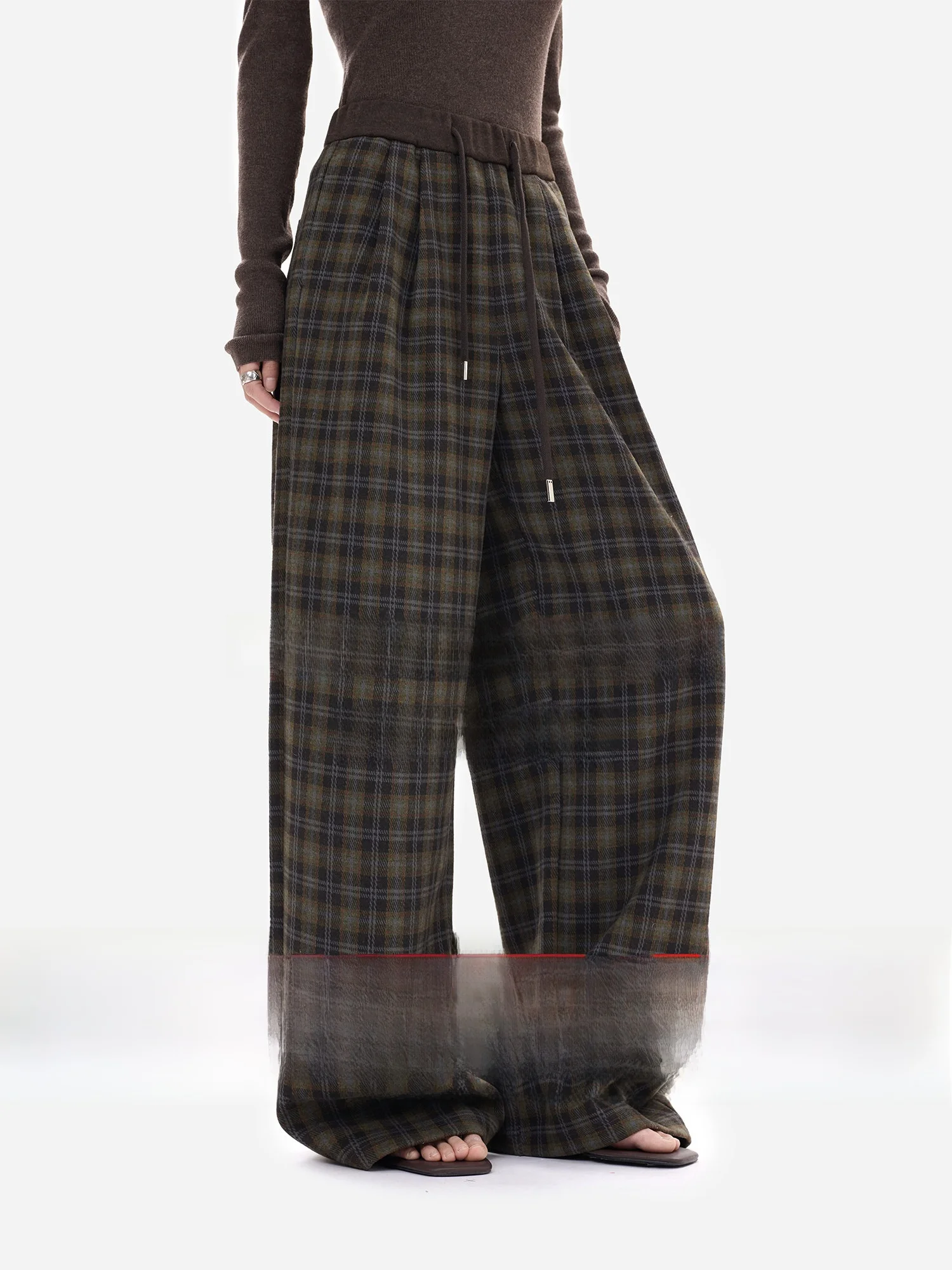 

Женские брюки-палаццо EGU Yue с высокой эластичной талией, широкими штанинами, на шнурке, в стиле ретро, в клетку, повседневные, свободного кроя, Ciwalk