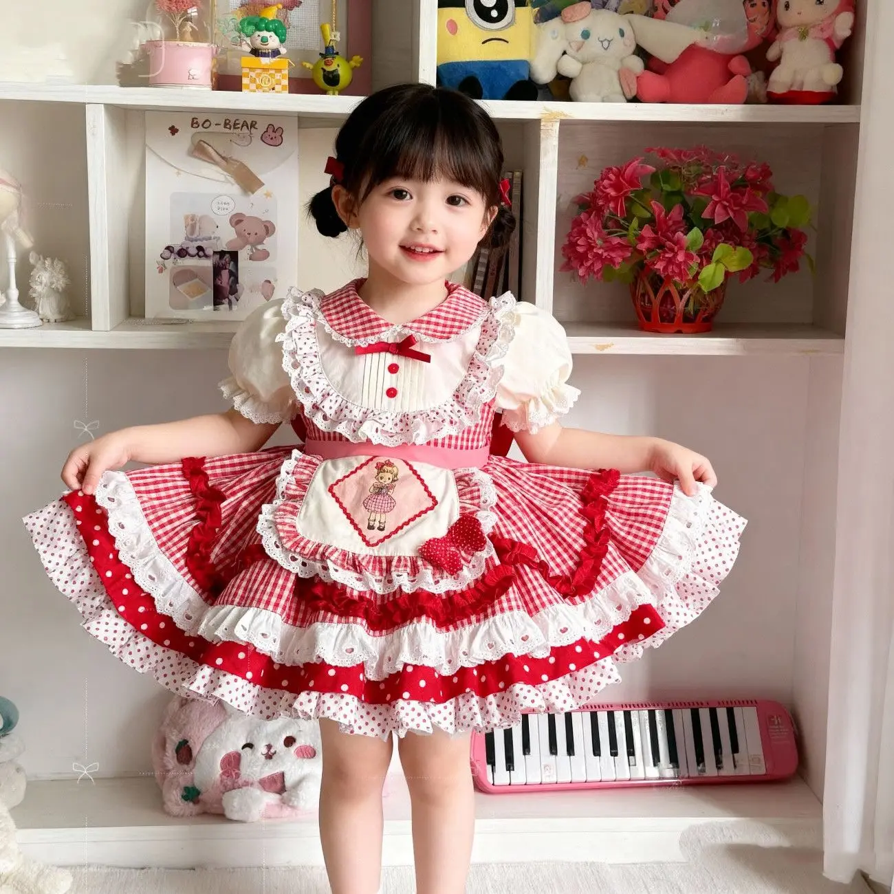 Girls dress 2026 summer new princess style sweet dress baby super cute Lolita fluffy skirt Korean plaid skirt