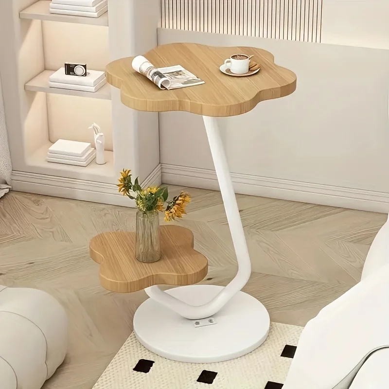 Floral Petal Design Side Table, 2-Tier Cream Accent Table with Metal Base, Minimalist End Table for Living Room Sofa,Small Space