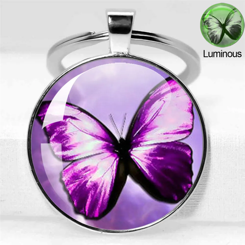 Glow In The Dark Butterfly Keychain Glass Cabochon Luminous Key Chain Luminous Animal Key Ring Chain Butterfly Jewelry