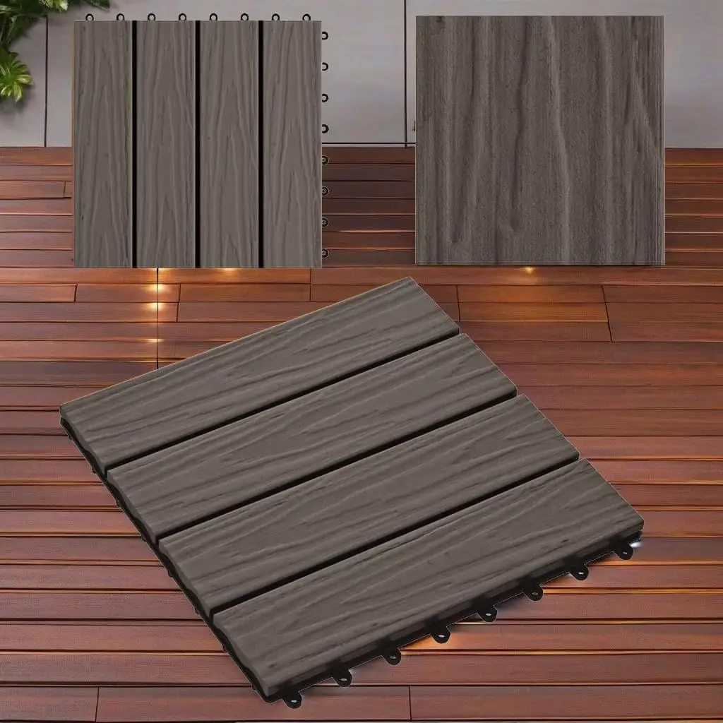 

11 PCS Deep Embossed WPC Decking Tiles 11.8x11.8 Inch - 1 Sqm Dark Brown for Outdoor Use