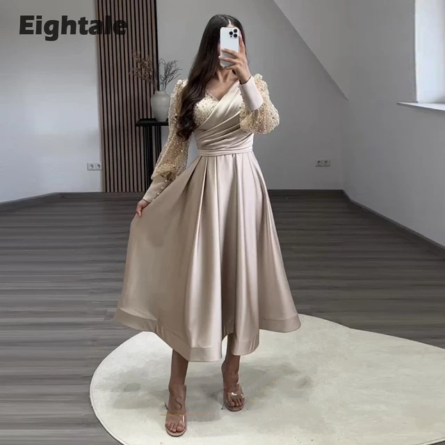 Eightale Short Evening Dress for Wedding Party Satin Long Sleeves A-Line  Shiny V-Neck Arabic Champagne Prom Graduation Gowns - AliExpress