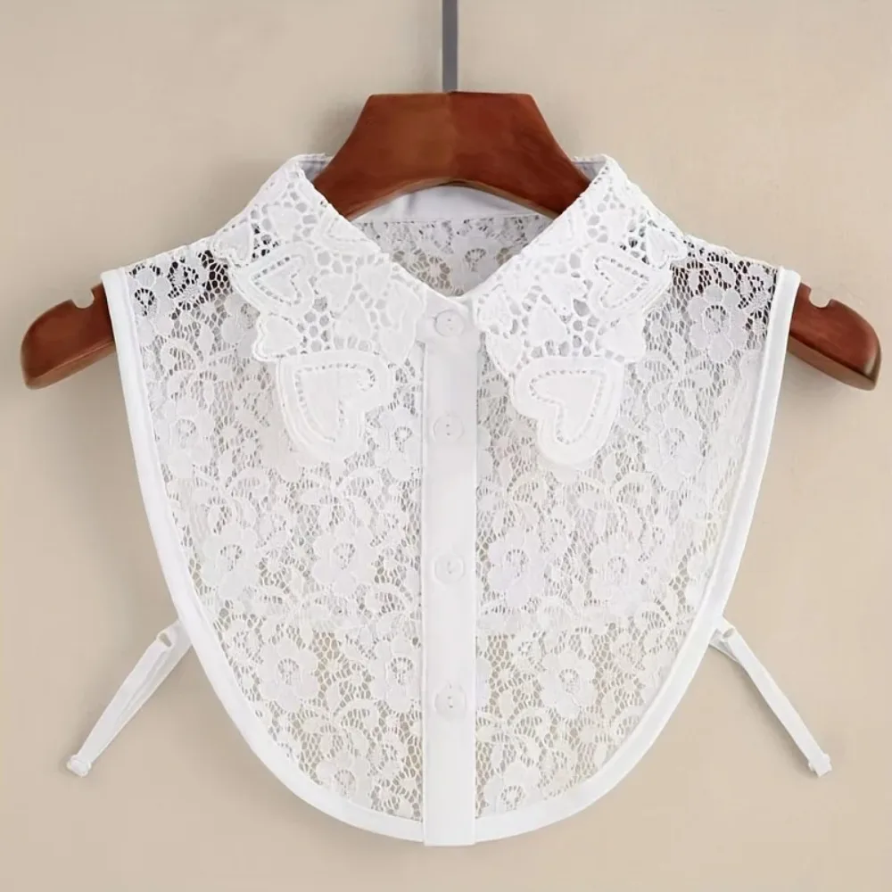 Women Detachable Lace Fake Collar Heart Embroidery Decorative Collar White Hollow Out Lapel Sweater Shirt Blouse Decor Collar