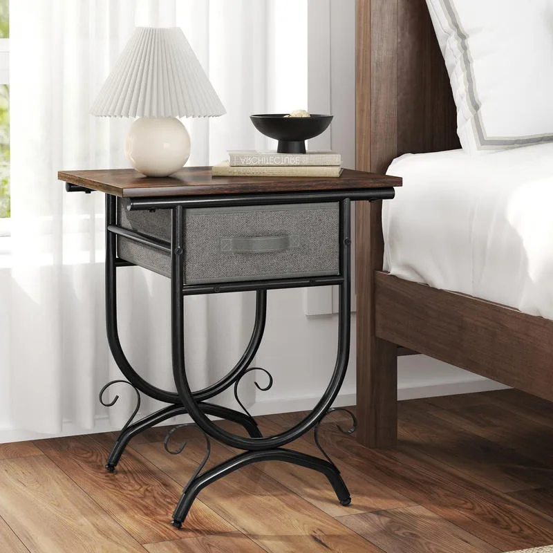 

Side Table with Fabric Drawer and Carved Metal Frame for Living Room