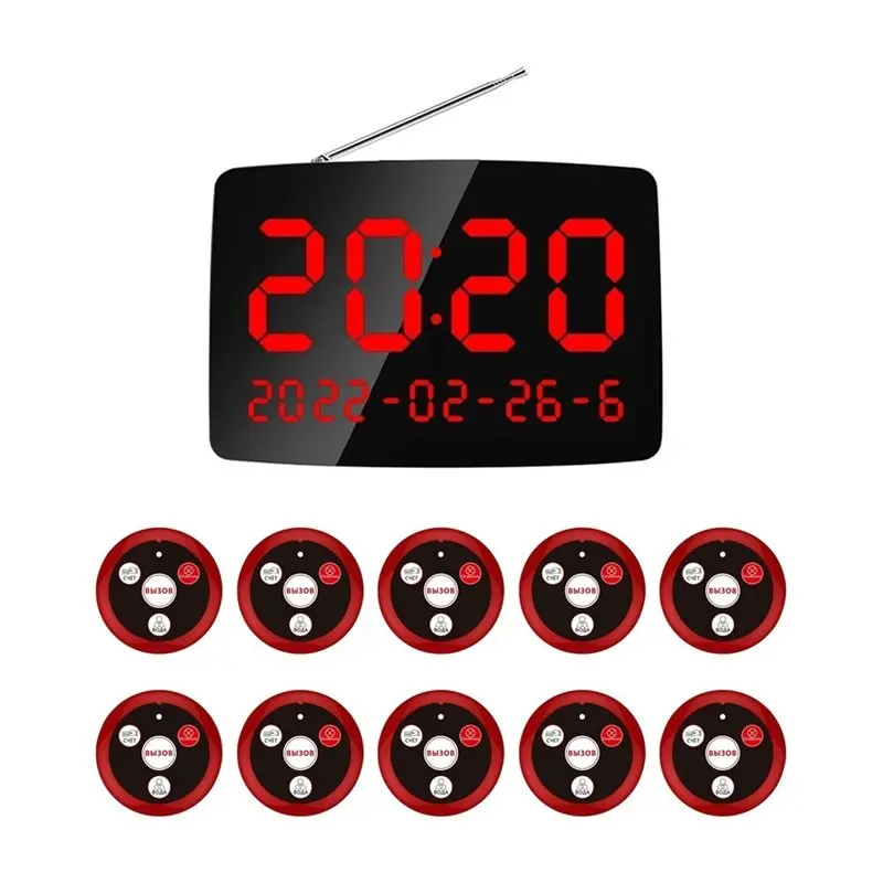 [NEW!】 EU Plug Enabled For Restaurant Wireless Waiter Calling System 10 Pcs Table Call Buttons 1 Display Monitor Receiver