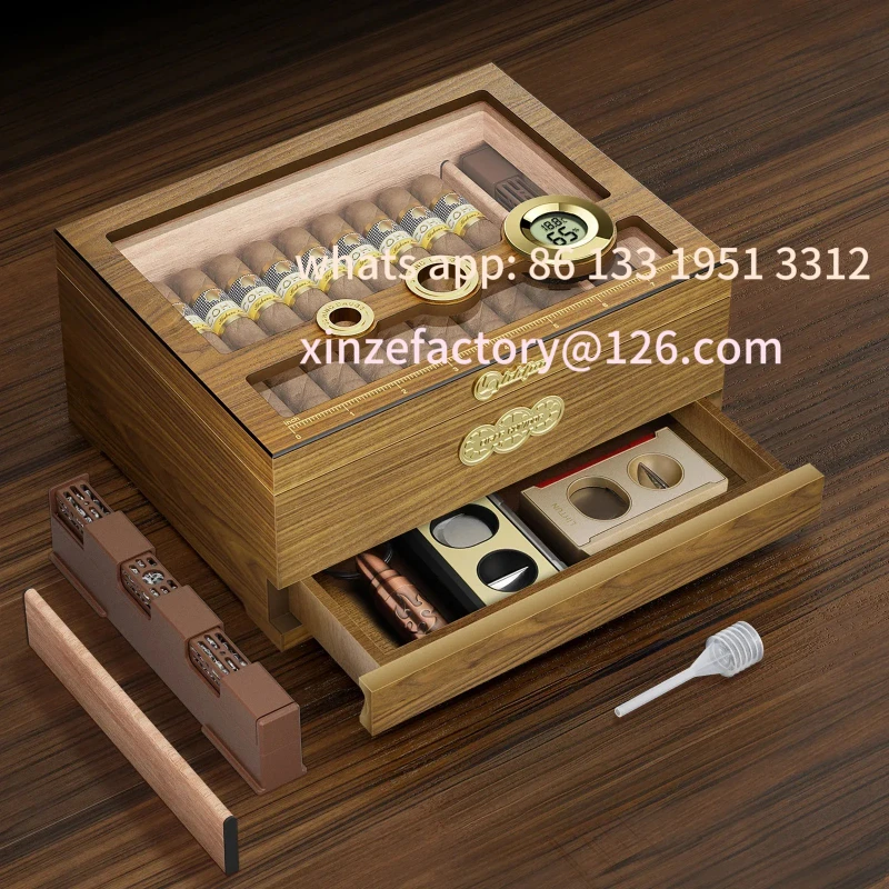 

Cigar Humidor, Glass Top Desktop Cigars Case with Digital Hygrometer, Humidifier, Cigar Accessories Drawer and Measuring Scale