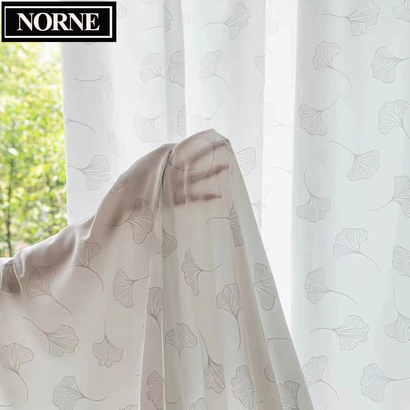 NORNE-Solid Ginkgo Leaves White Sheer Curtains for Living Room and Bedroom,Jacquard Tulle Window Drapes Voiles Custom Made