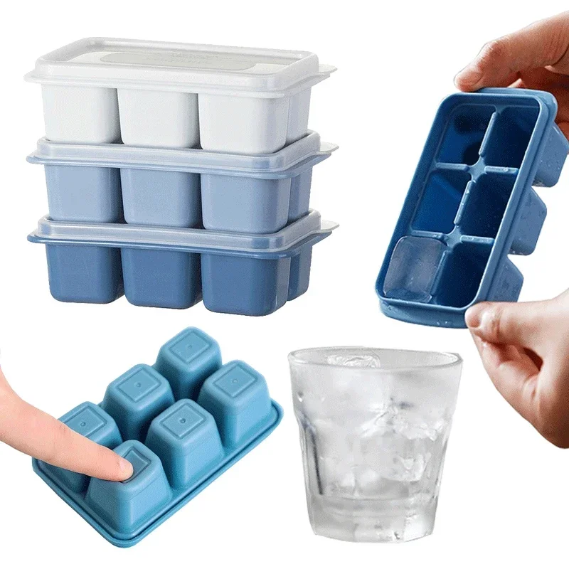 

Silicone Ice Cube Trays Frozen Box With No-Spill Lids Easy-Release For Freezer Whiskey Cocktail Baby Food And Drinks - 6 Cubes