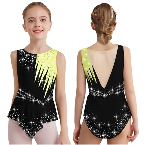 Imagen 2 del producto Niños Niña Rhinestones gimnasia rítmica Ballet Jersey patinaje sobre hielo traje de actuación en escenario sin mangas leotardo mono