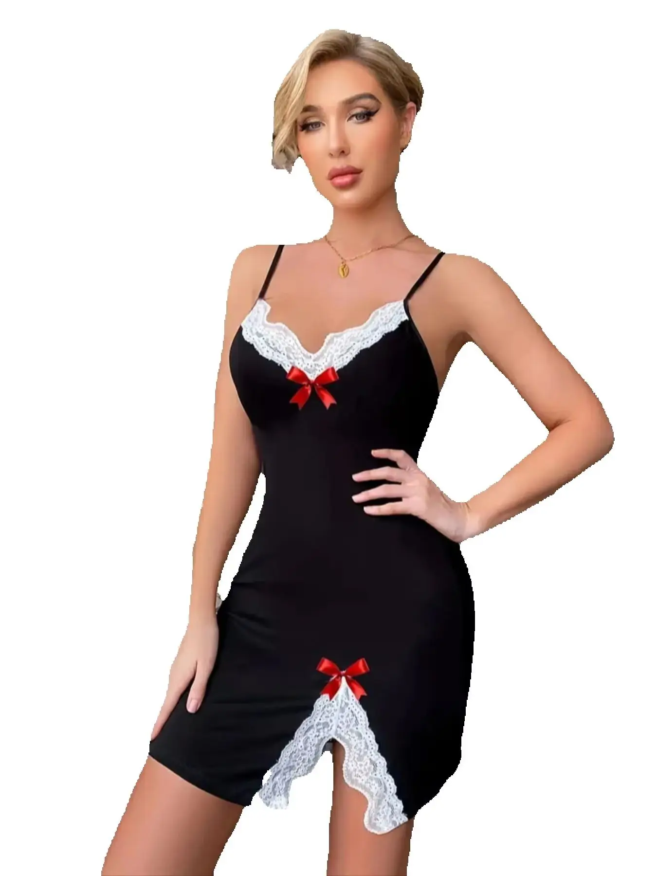 SU Sexy Women's Lace Sleepwear Silk Satin V-Neck Nightgown with Split Hem Soft Sleeveless Lingerie Night Dress for Female Clothe