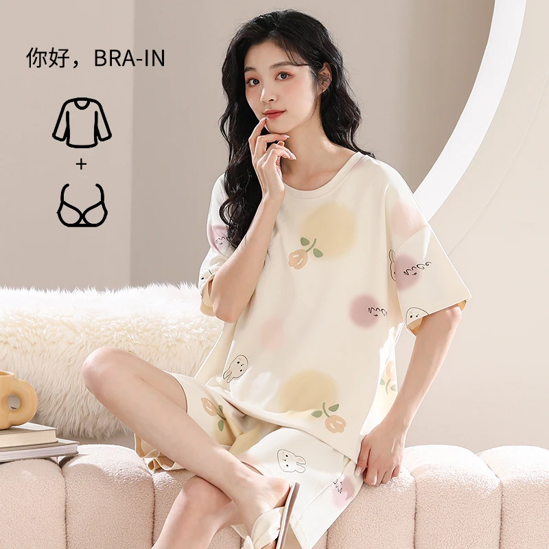 Summer Cotton Pajamas for Women Short Sleeves Shorts Chest Padded Pajama Sets Sweet Girl Sleepwear Round Collar Homewear