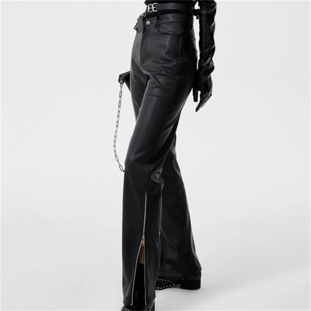 New Black Pu leather casual pants women high waist sanded zipper side split straight leg pants casual