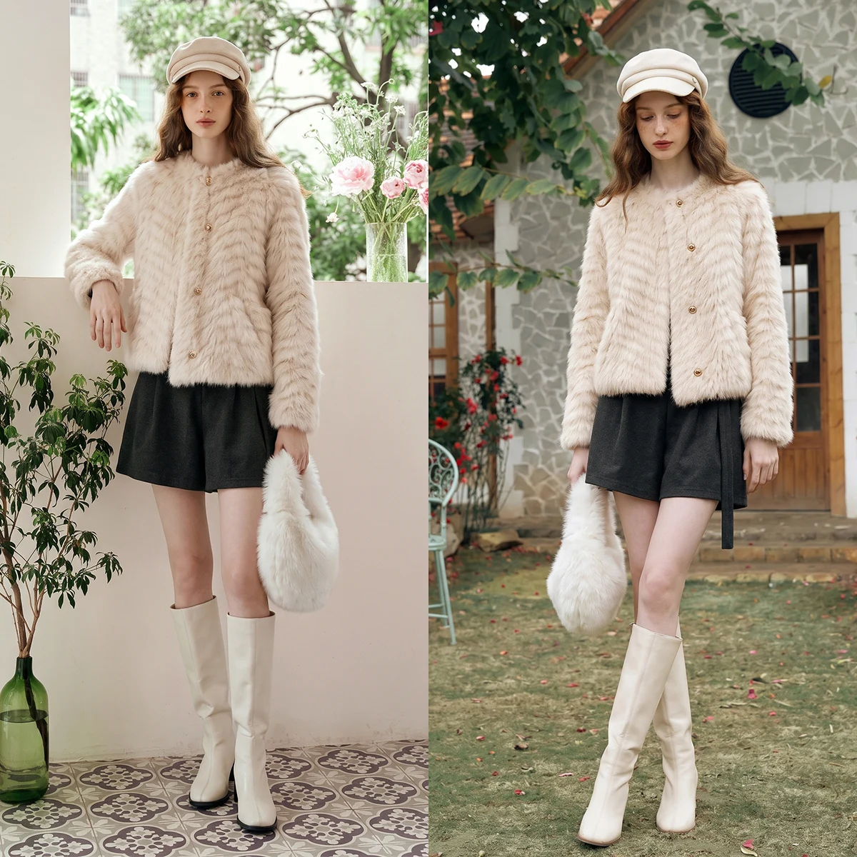 OLrain Women's Winter Jacket French Style Round Neck Faux Shearling Cropped Coat 2026 Winter New Commuter Outerwear GO58QP011535