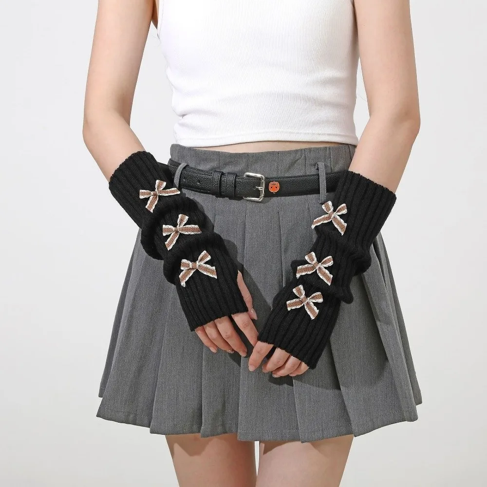 Cute Thicken Bow Arm Warmers Soft Knitted Long Knit Y2K Fingerless Gloves Sweet Bowknot Sleeve Cover Female