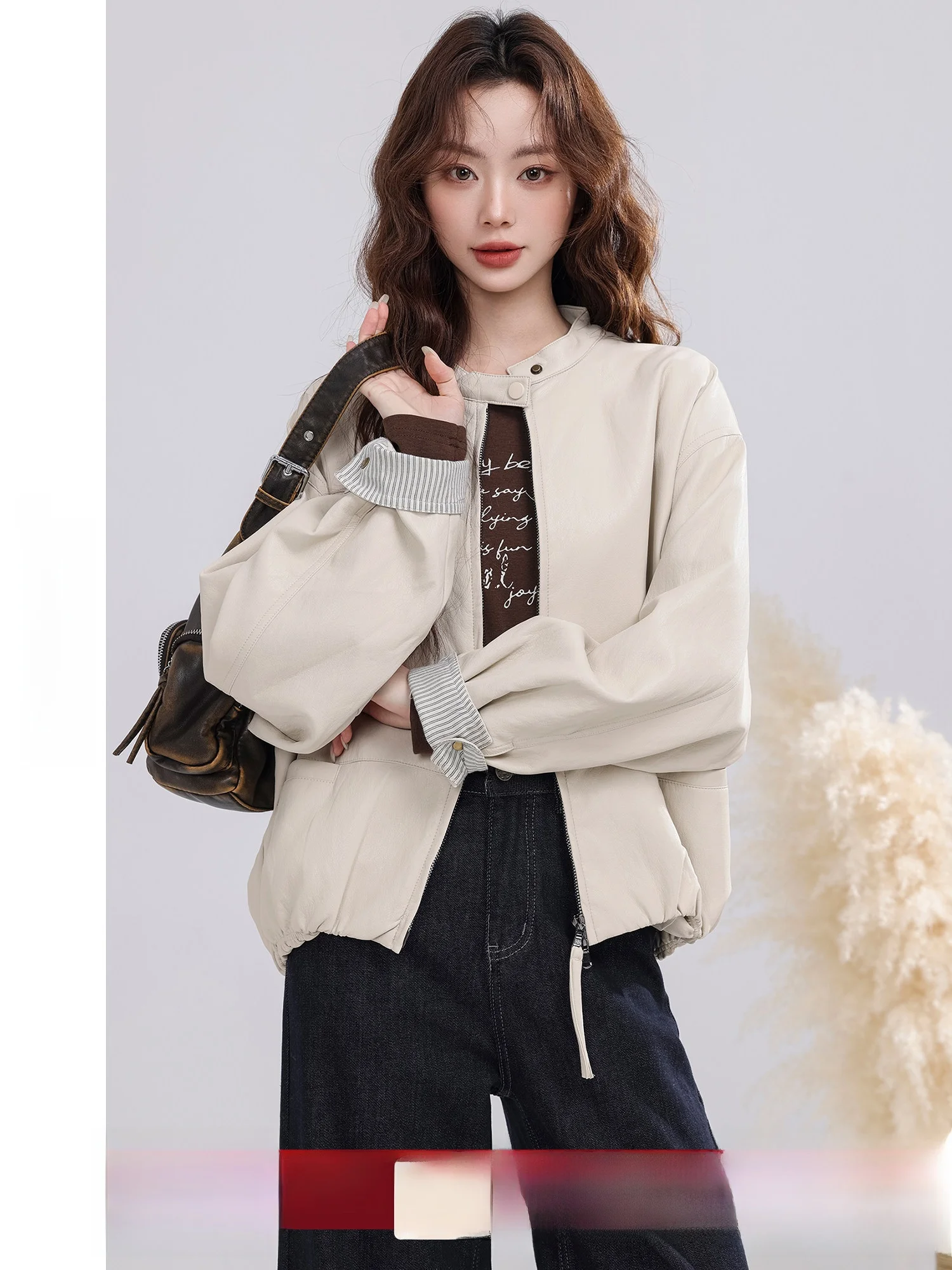 

Light Colored PU Leather Jaet Women's Casual Spliced Jaet Korean Sle Autumn New Arrival Warmth Youth Faion Outerwear