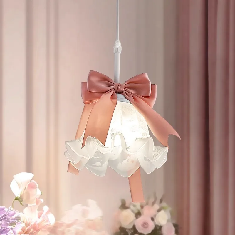 

French cream style bedroom bedside pendant light, modern and simple creative bow tie room, children's room small pendant light