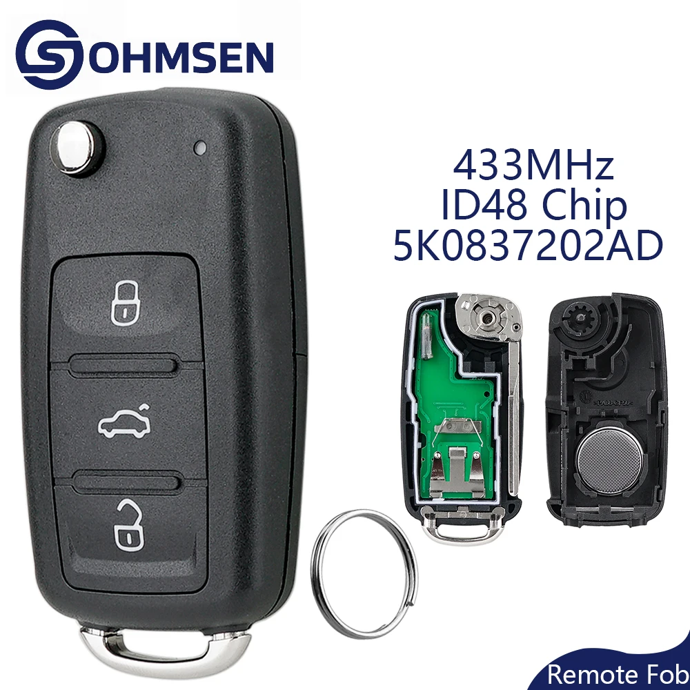 

3 Button Remote Key Fob 433MHz ID48 Chip 5K0837202AD For VW Golf Mk6 Polo Transporter T6 Up Skoda Fabia Superb Seat Leon Toledo