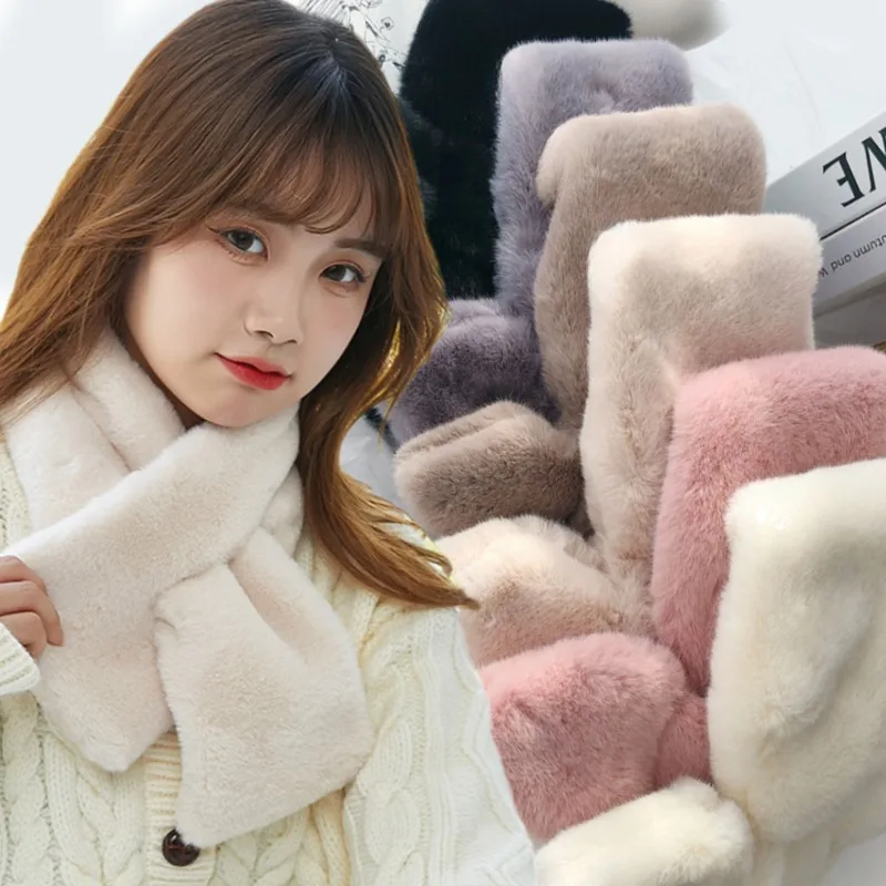 Plush Cross Scarf Faux Rabbit Fur Thickened Soft Scarves Solid Color Autumn Winter Cold Resistant Women Neck Warmer Collar Scarf