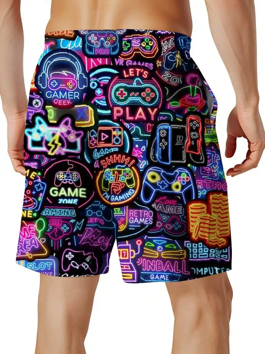 

Neon Gamer Print Swim Trunks Mens Beach Shorts With Drawstring Elastic Waistband