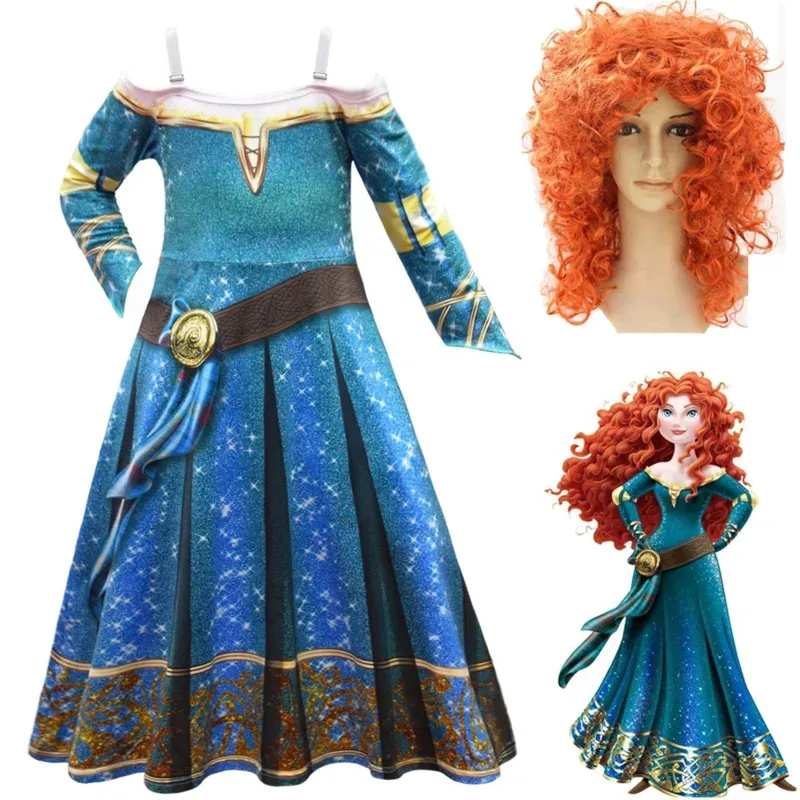 

Halloween Girls Merida Dress Brave Performance Costume Summer Birthday Party Feifei Sleeves Green Gothic Vintage Dresses Wig