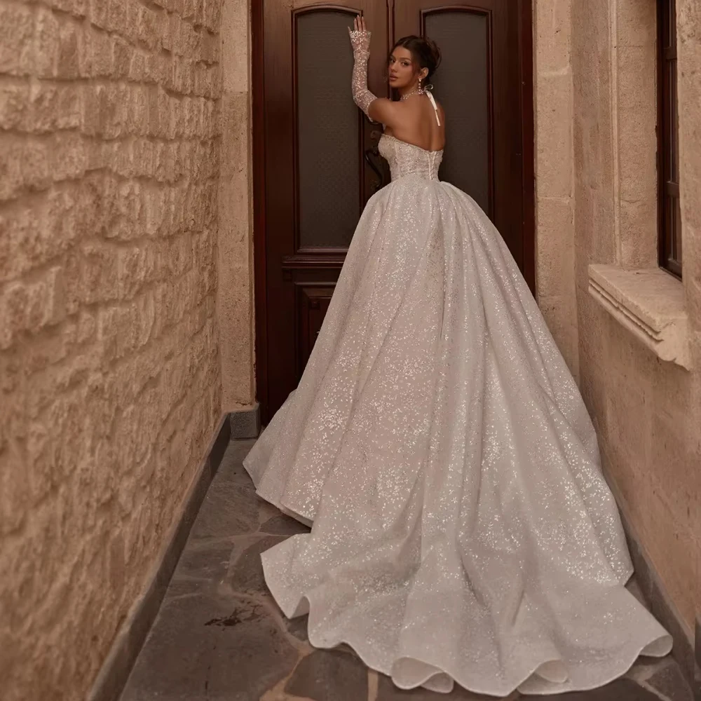 Customized Glitter Silver Crystal Appliques Wedding Dress Detachable Sleeve Sweetheart Neck Bridal Gown A-line Bridal Gown