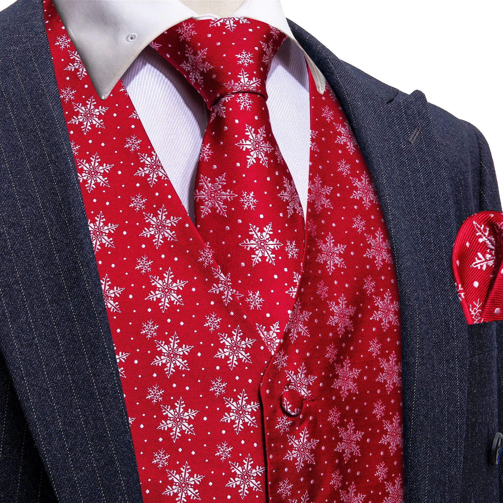 Luxury Silk Christmas Men Vest Red Snowflake Xmas Waistcoat Tie Pocket Square Set Sleeveless Jacket Formal Party Suit Barry Wang