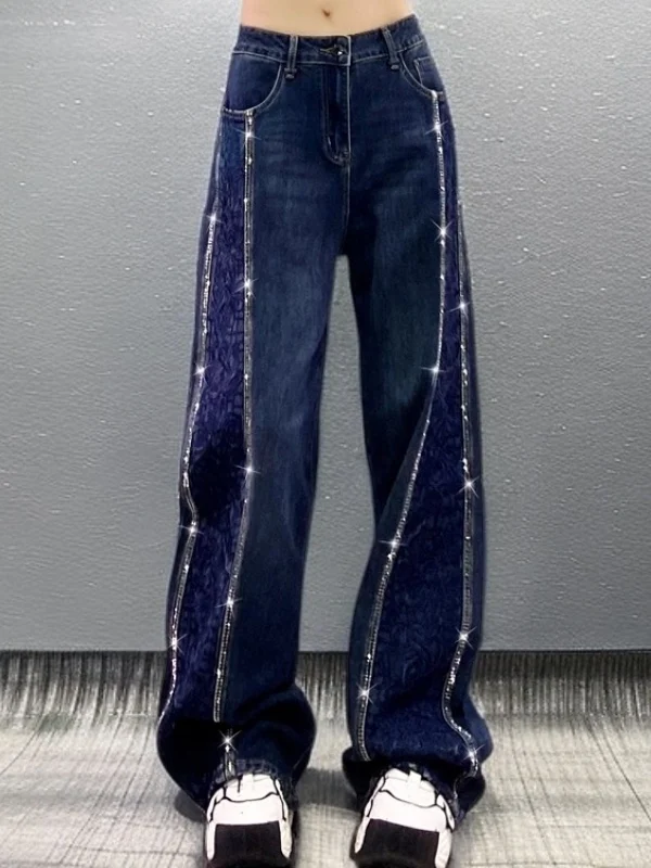 

Модные широкие джинсы с высокой талией и вышивкой стразами, свободные повседневные женские джинсовые брюки премиум-класса, весенний сезон