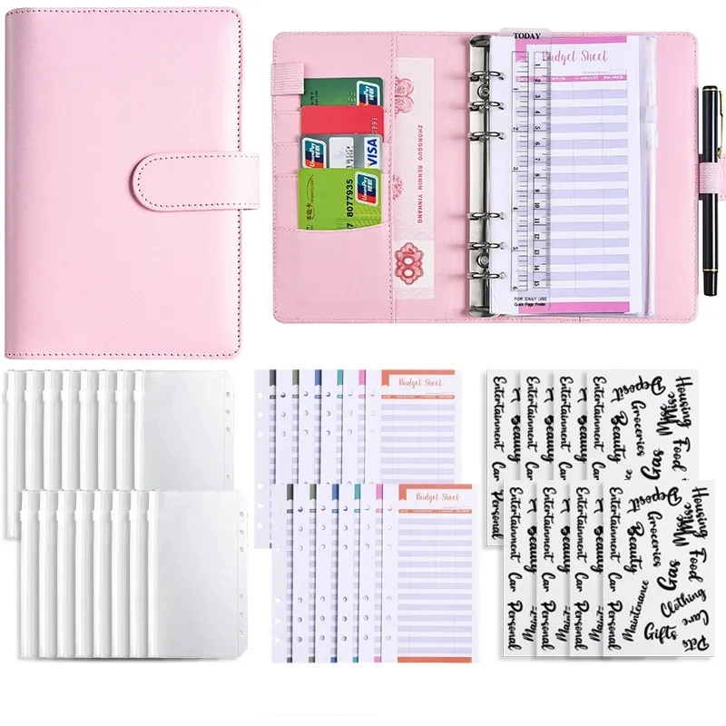 pratico binder orcamento com bolsos de couro a6 macaron dinheiro envelopes system grupo notebook para dinheiro orcamento saving bill organizer novo 01