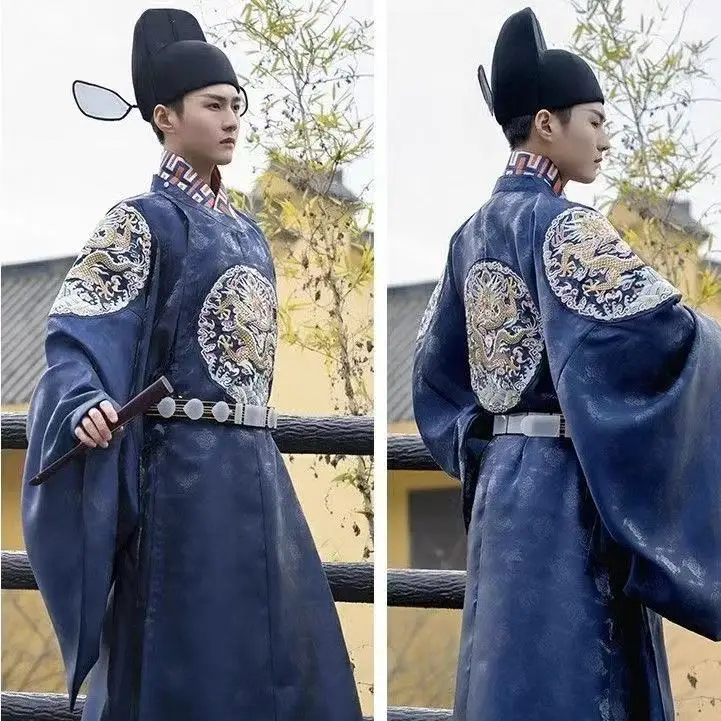 

Classic Dragon Printing Hanfu Dress Men's Traditional Chinese Clothing Round Neck Robe Carnival Stage Cosplay Costume Wedding