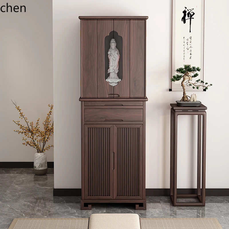 

ZML black walnut solid wood Buddhist niche stand cabinet with door, household God of Wealth Guanyin Shrine Buddhist cabinet