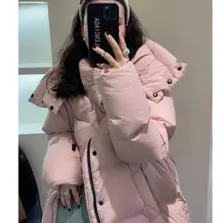 2024 Winter New Down Jacket Solid Color Keep Warm Loose-fitting Waist Hooded White   for Women Mid-long Coat T555