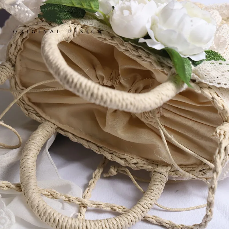 Sweet Cute Women Lolita Handbag Woven Straw Handmade Lace Flower Lady Soft Girl Pastoral Style Beach Bag Lolita Accessories