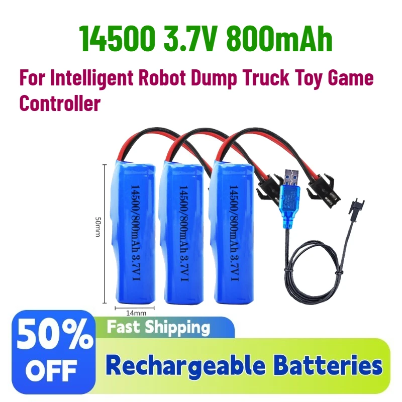 

In Stock 14500 3.7V 800mAh Lithium Battery with SM Plug USB-SM Charger for Intelligent Robot Dump Truck Toy Game Controller