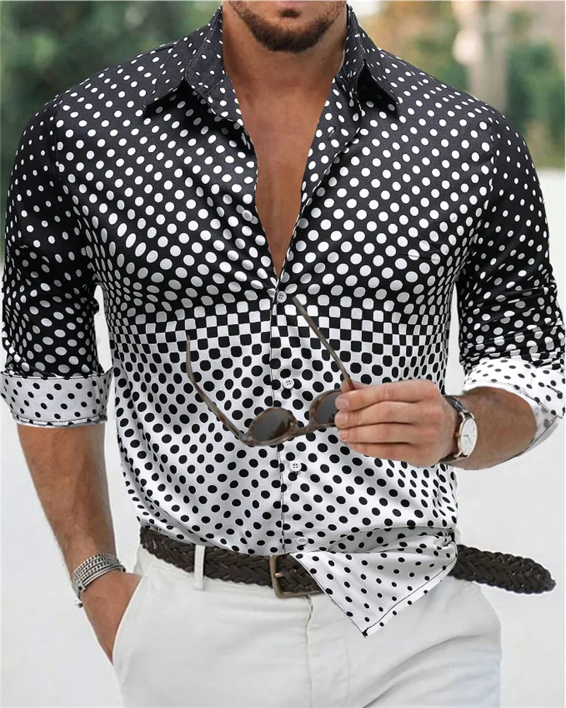 Fashionable Men's Clothing Polka Dot Men's Shirt Button Lapel Off Summer Hawaiian Shirt Street Vacation Long Sleeve Shirt