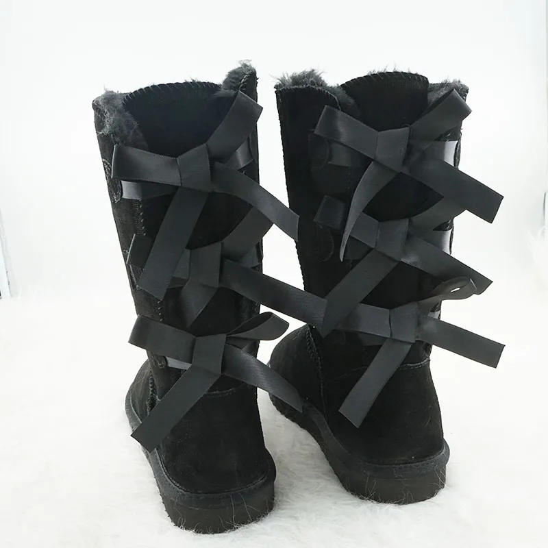 New Arrival Winter Bow Tie Girl High Boots Genuine Leather Woman Snow Boots Thick Plush Boots Women\'s Shoes Warm Shoes