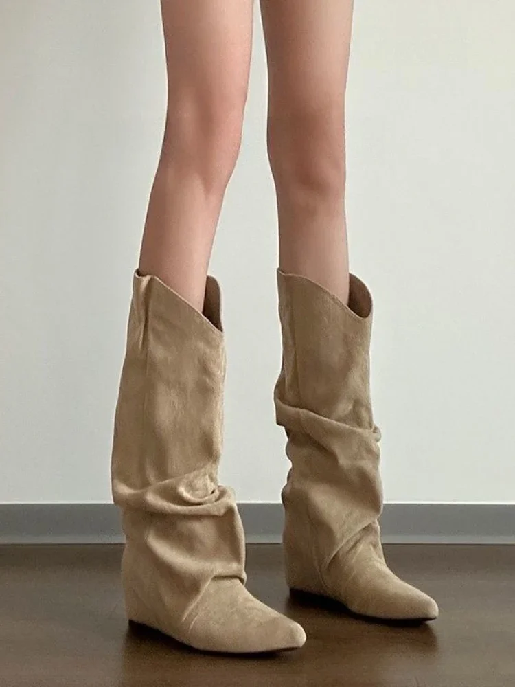 

Туфли цвета хаки, увеличивающие рост, без шнуровки до колена, женская модная обувь 2025 года, готическая распродажа, популярные удобные длинные сапоги для женщин