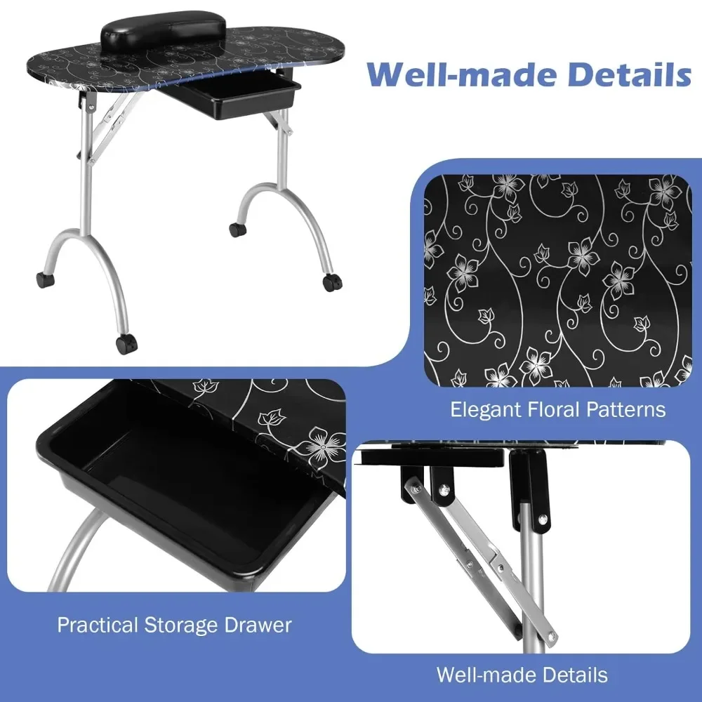 Portable Manicure Table, Foldable Nail Tech Table with Large Drawer, Wrist Rest, 4 Lockable Casters, Carrying Bag