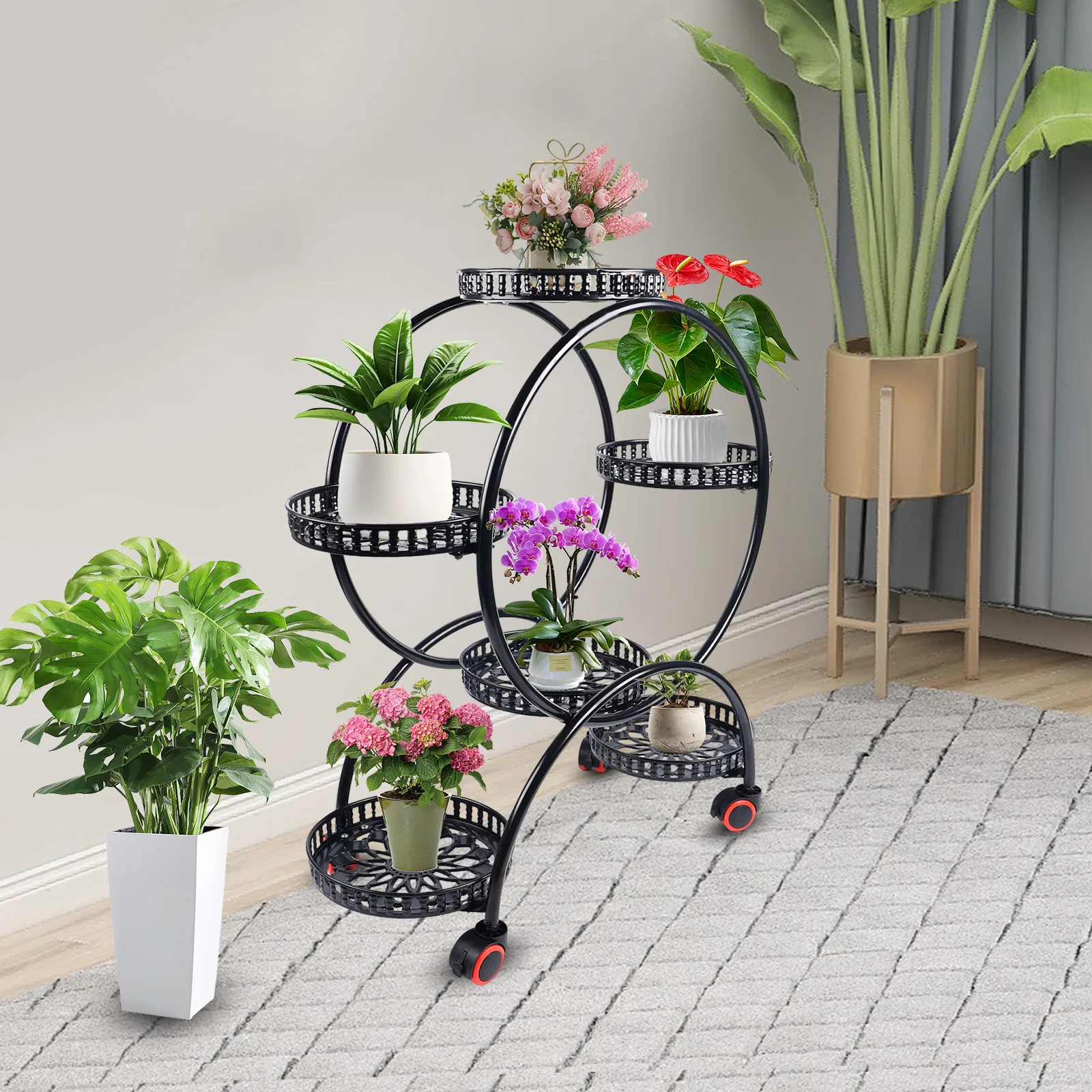 

Modern Iron Plant Stand with 6 Trays & 4 Wheels, 4-Tier Black Flower Shelf for Indoor Outdoor Use, Freestanding Garden Rack