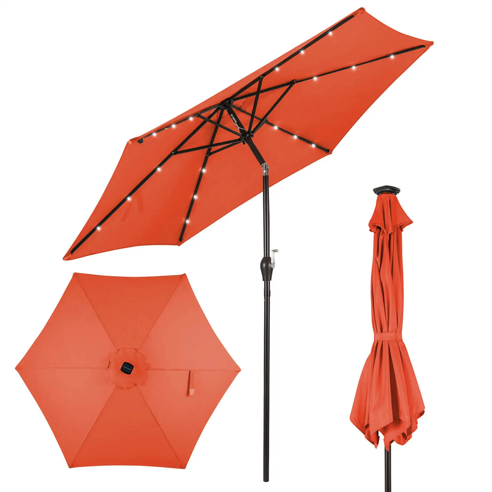 

9FT Patio Solar Umbrella LED Patio Market Steel Tilt W/ Crank Outdoor Orange