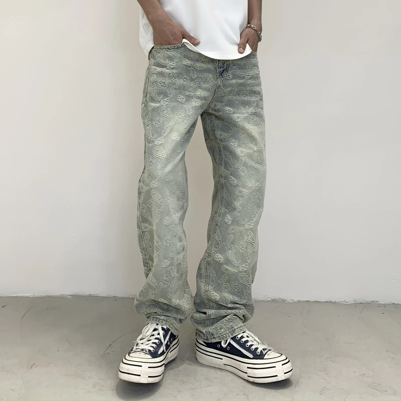 American Style Washed Patchwork Jeans, Trendy Men'S Loose Fitting Straight Leg Men'S Fashionable Denim Pants