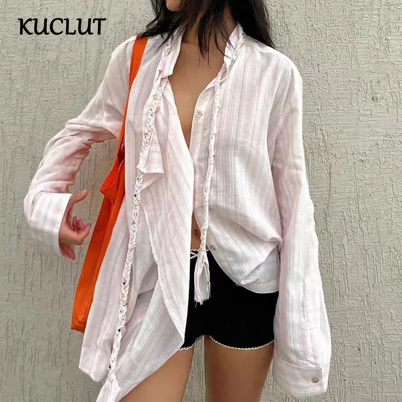 

KUCLUT 2025 Summer New Fashion Irregular Single-breasted Blouse For Women Casual Bandage Design Shirts Female Trendy 1A258