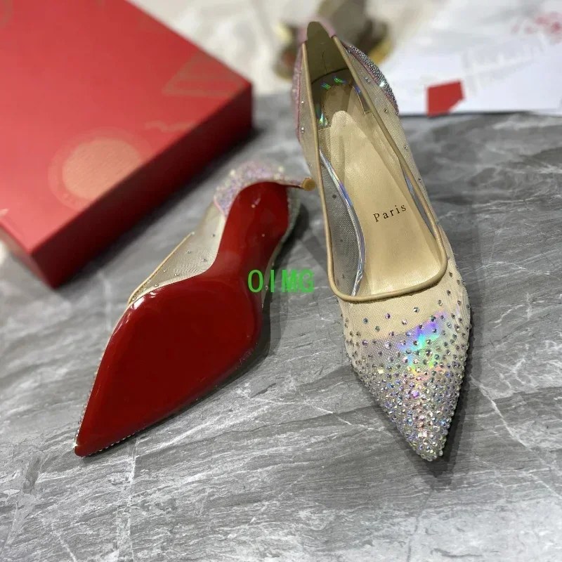 Top Quality Womens High Heels Luxury Fashion Ladies Crystal Glisten Red Sole Shoes Classic Retro Designer 0-12cm High Heel