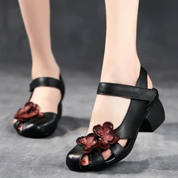 GKTINOO 2024 New Women Sandals Summer Genuine Leather Thick Heels Sandals Retro Style Round Toe Casual High Heel Mom Shoes