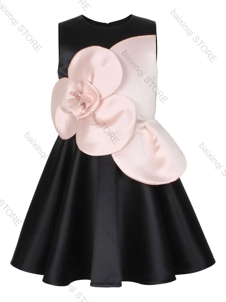 

Black Satin Flower Girl Dress Elegant Lovely Blossoms Children short Dress Customizable Color Birthday Party Prom Evening gown